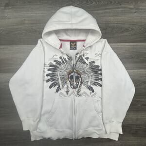 Vintage Avirex Hoodie Mens XL White Full Zip Skull Tribal Graphic Streetwear Y2K